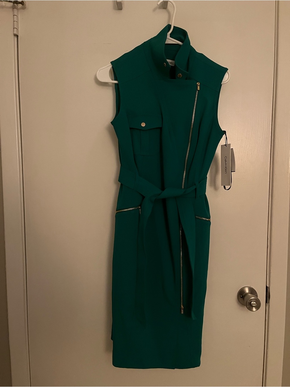 Calvin Klein Teal Sleeveless Belted Zip-Front Sheath Dress